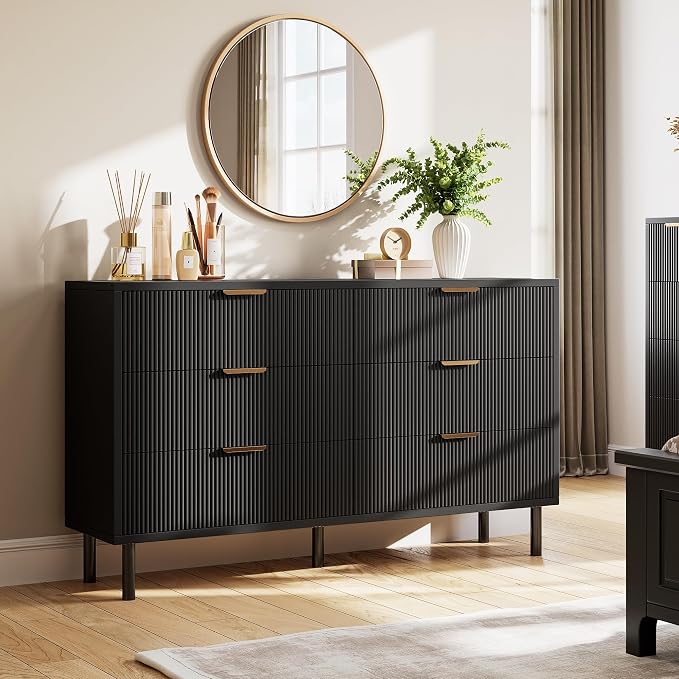 GarveeHome Black Wave Fluted 6 Drawer Dresser, Wide Wood Double Dresser with Metal Legs and Handles, Modern Chest of Drawers with Anti-Tipping Design for Bedroom Living Room Hallway by GarveeHome