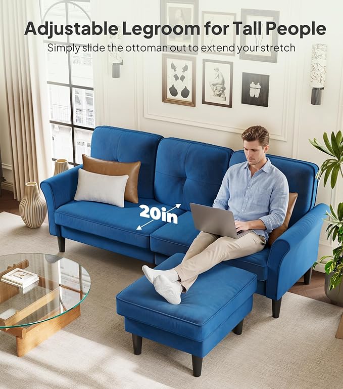 Sofas for Living Room, 83" Velvet Sectional Couch with Moveable Ottoman, Midcentury Modern Small Sectional Couch, L Shape Sofa & 2 Seater, Couches for Living Room, Apartment, Bedroom