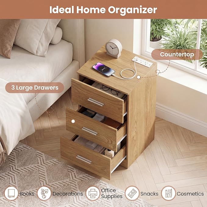 KOMFOTT 3-Drawer Nightstand, Modern Drawer Organizer with Power Outlet, Compact Bedside Storage End Table for Bedroom, Small Spaces (Natural,2) - Image 6