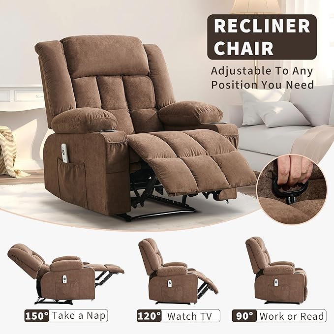 Massage Recliner Chair for Adults with Vibration Lumbar Heat Wide Large Ergonomic Reclining Sofa with 8 Massage Nodes 3 Positions Side Pockets Cup Holders