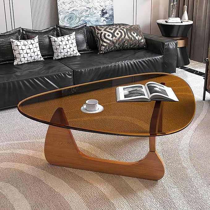 Glass Coffee Table Mid Century Modern Small Coffee Table with Tempered Glass Top & Solid Wooden Base, Abstract Brown Walnut Center Tea Tables for Living Room Home Office