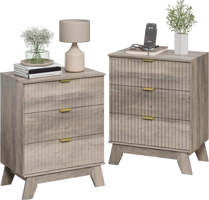 Wodeer Night Stand Set 2, Bedside Table & End Table, Mid Century Modern Fluted Wood Nightstand with 3 Drawers & Metal Handles, Farmhouse Nightstand for Bedroom, Grey - Image 3