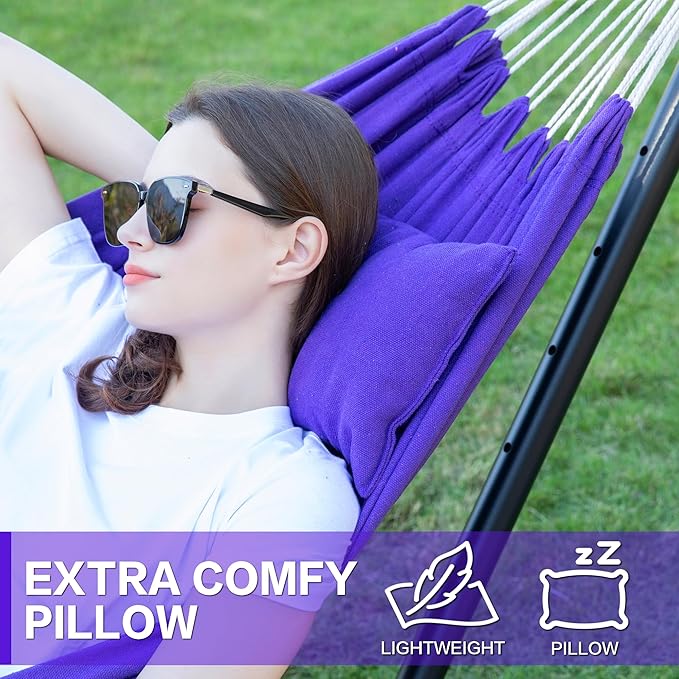 PNAEUT Double Hammocks with Stand for Outside, Portable Space Saving Heavy-Duty Steel Stand for Indoor Outdoor Patio with Carrying Bag, 450 lbs Capacity (Purple) - Image 5
