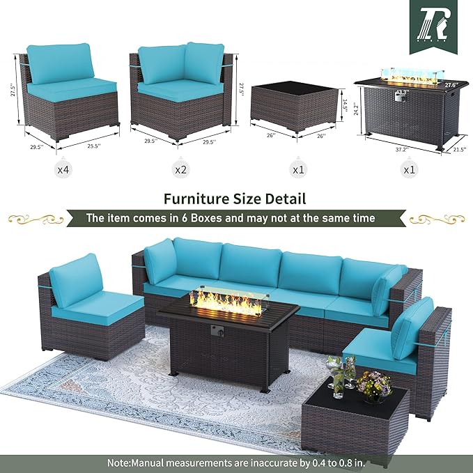 8 Pieces Outdoor Patio Furniture Set,Outdoor Sectional Furniture with 43" 55000 BTU Gas Propane Fire Pit Table,All Weather PE Rattan Wicker Patio Conversation Set,Turquoise Blue