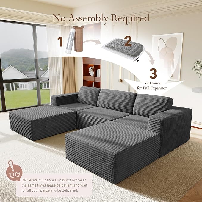 Vesgantti 119" Oversized U-Shaped Modular Sectional Sofa, Corduroy Cloud Couch with Deep Seating & Spring Support, Convertible Sofa with 2 Ottomans, Boneless Couch, No Assembly Required, Grey
