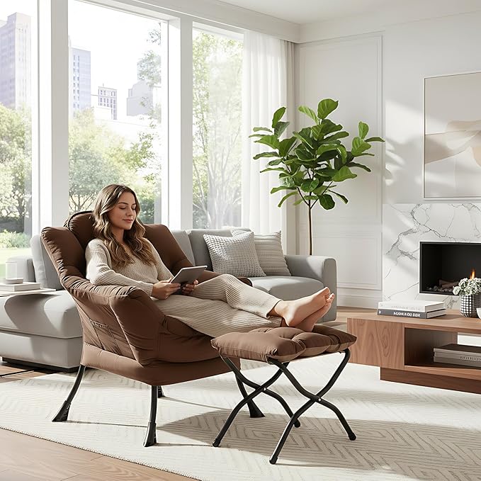 MBOOYOME Lazy Chair with Folding Ottoman, Modern Accent Armchair with Armrests and a Side Pocket & Foldable Footstool, Reading Chair for Living Room, Bedroom, Dorm & Office, Dark Brown