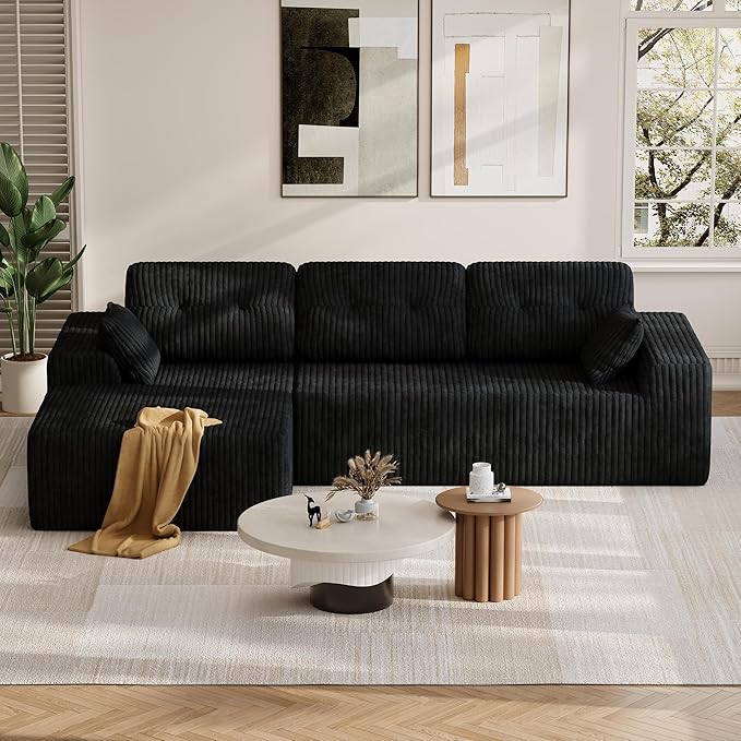 Ball & Cast 106" Modular Sectional Sofa, Cloud Corduroy Couch with Deep Seat, Boneless L-Shaped Sectional, Upholstered Modular Sofa for Living Room, No Assembly Required (Black, Left Facing Chaise)