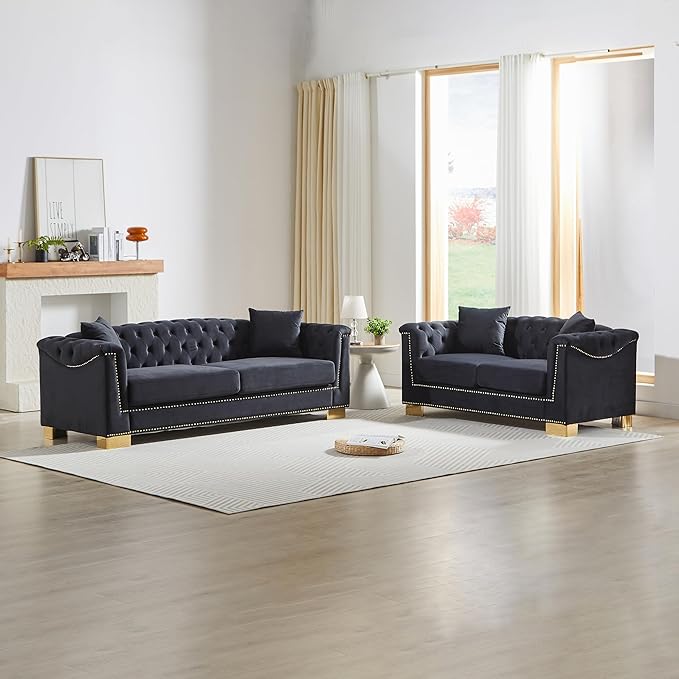 KEIKI Chesterfield Sofa, Retro Style Upholstered 3+2 Seat Couch with Rolled Arm for Living Room Bedroom Office, Black