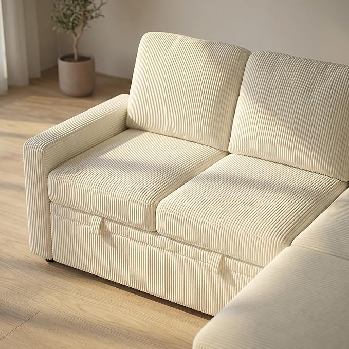 5-Seater Large Sectional Couch with Pull Out Bed, L Shaped Corduroy Sofa with Storage, Convertible Modular Sofa, for Living Room, Apartment, Beige