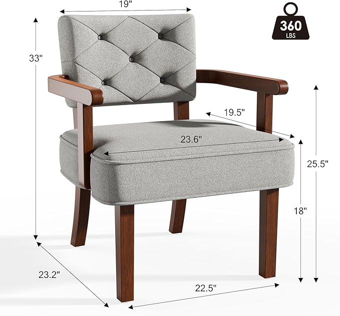 Versatile Side Arm Chair, Small Modern Accent Chair, Upholstered Wooden Armchair, Corner Chair with Arm Rest,Tufted Backrest, Cushion, for Office,Waiting/Reading/Living Room, Grey