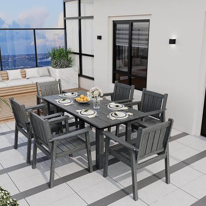 Pamapic 7 PCS Outdoor Dining Set, Spacious HDPE Outdoor Table and Chairs, Wood Grain Patio Furniture Sets with Elegant Armrest, All-Weather Outdoor Furniture with Umbrella Hole, Gray - Image 8