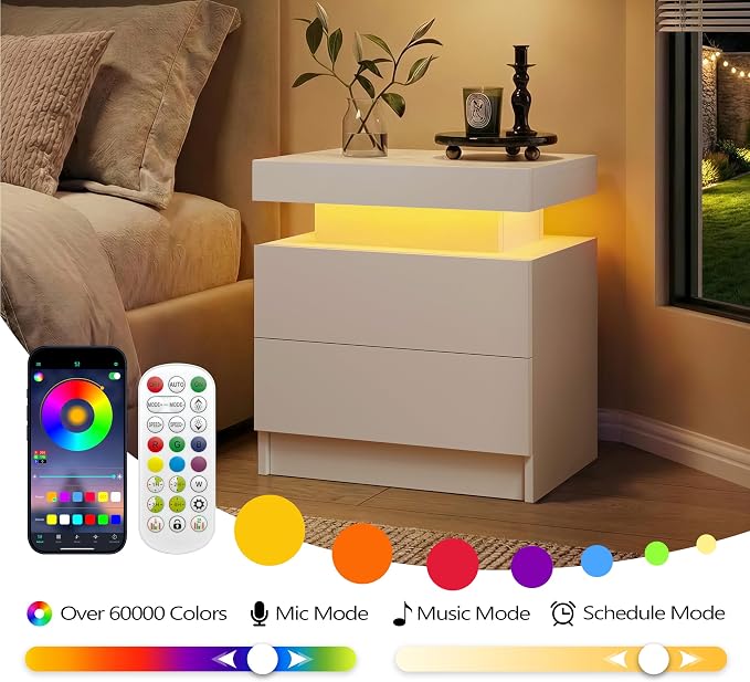 i-aplus LED Night Stand White Nightstand with 2 Drawers Modern Beside Table for Bedroom Side Bed Table with LED Lights - Image 6