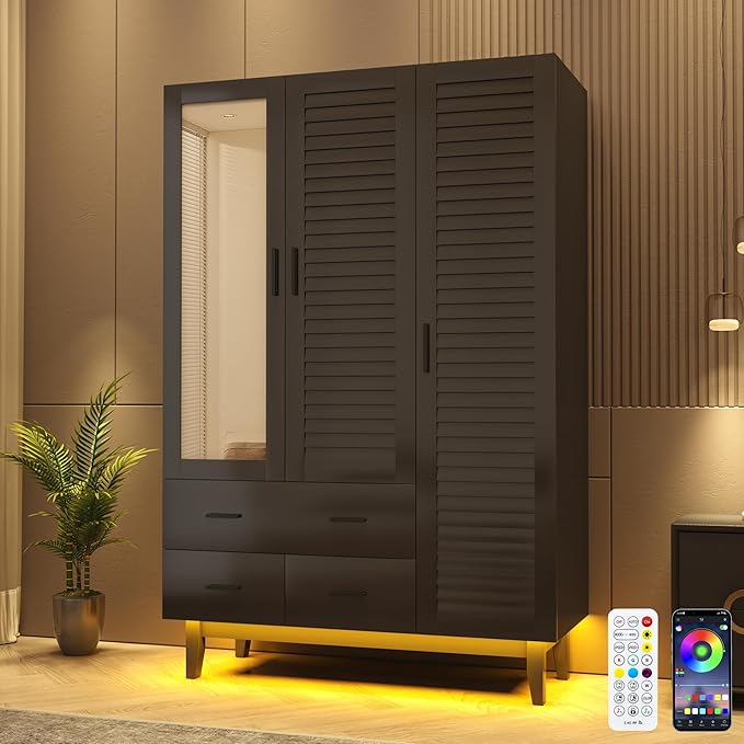 Hlivelood 3 Door Armoire Wardrobe Closet Cabinet with Drawers and LED Lights, Multi-Tier Shelves, Hanging Rod & 3 Louver Doors, Large Capacity Storage Wardrobe Armoire for Bedroom, Black