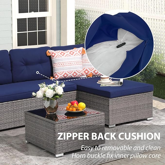 JOIVI Outdoor Patio Furniture Set, Wicker Conversation Set with Tempered Glass Coffee Table, All-Weather Rattan Furniture Small Sectional Sofa Set, L-Shaped Outdoor Seating with Cushions, Navy Blue