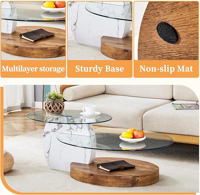 Ebullient Glass Coffee Table, 47" Oval Coffee Table, 2-Tier Glass Tabletop with Wood Base, Easy to Maintain and Assemble, Ideal for Dining Room, Living Room