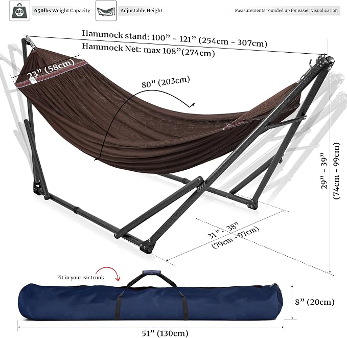 Tranquillo Universal Double Hammock with Stand Included for 2 Persons/Foldable Hammock Stand 600 lbs Capacity Portable Case - Inhouse, Outdoor, Camping, Brown - Image 6