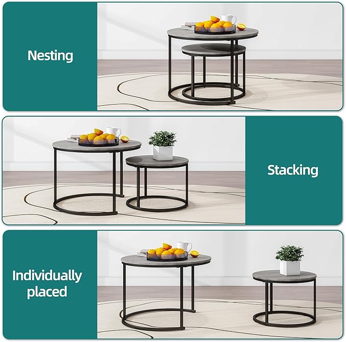HOJINLINERO Round Coffee Table,Nesting Coffee Table Set of 2,Center Tables for Living Room,Office, Home Small Space,Stacking Side Tables,Sturdy and Easy Assembly,Wood Desktop,Black+Warm Grey,Large