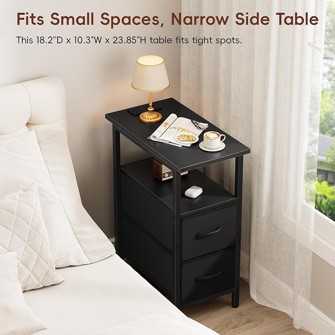 Vagusicc End Table with Charging Station Set of 2, Narrow Side Table, 23.8'' Tall Nightstand with 2 Drawers, Small Sofa Side Table Narrow Nightstand for Small Spaces, Living Room, Bedroom, Black - Image 4