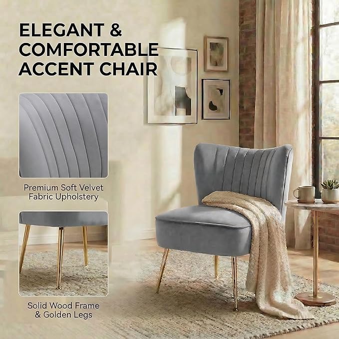 DUOMAY Modern Accent Chair Set of 2 Velvet Slipper Chair with Gold Legs Wingback Side Chair for Living Room Bedroom Entryway Small Corner Chair for Space Saving, Grey