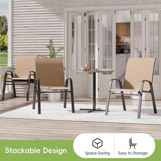 Patio Chairs Set of 4, Outdoor Dining Chairs Stackable for All Weather, Breathable Metal Modern Outside Furniture Chair for Pool Side, Garden, Backyard Deck, Brown - Image 5