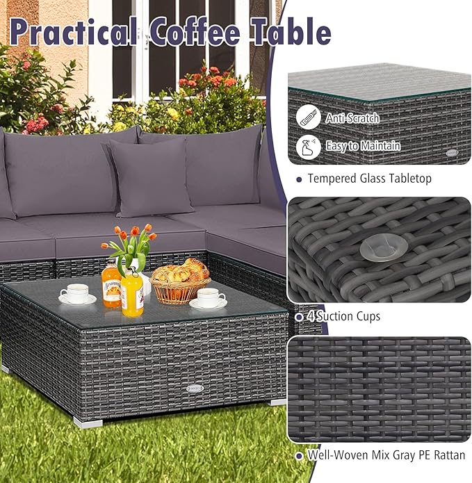 Tangkula 7 Piece Patio Wicker Furniture Set, Outdoor Rattan Sectional Sofa Set for 6 with Seat & Back Cushions, 2 Throw Pillows, Sofa Fastener Clips, for Backyard, Poolside, Deck and Garden (Gray)