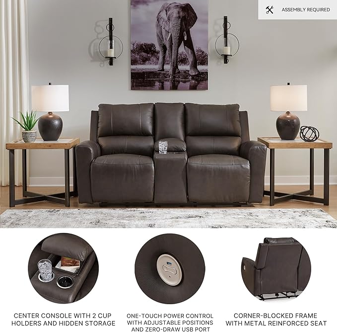 Signature Design by Ashley Boxmere Modern Leather Match Power Reclining Loveseat with Console and USB Ports, Dark Brown
