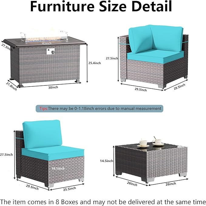 15 Pieces Outdoor Patio Furniture Set,Outdoor Sectional Furniture with 43" 55000 BTU Gas Propane Fire Pit Table,All Weather PE Rattan Wicker Patio Conversation Set,Turquoise Blue