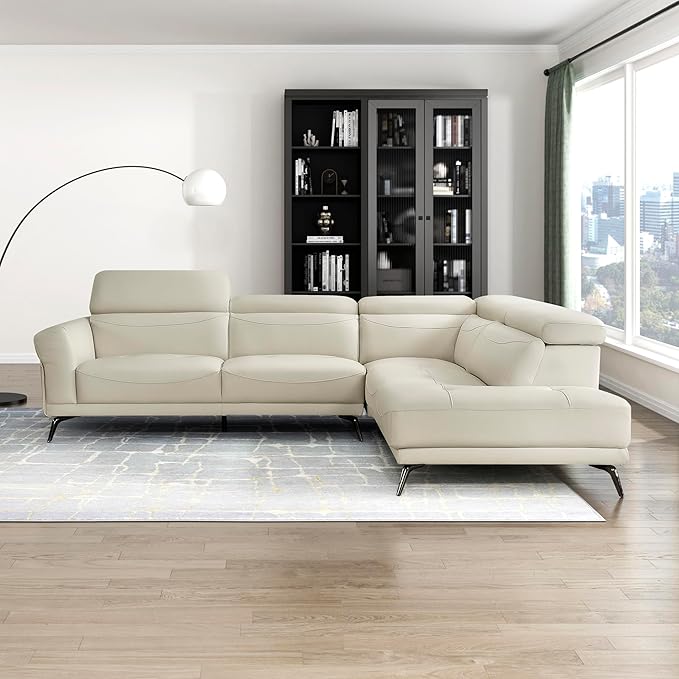 Lexicon L-Shaped Sectional Couch with Right Chaise, Top Grain Leather Match Sectional Sofa, Adjustable Headrests, Black Chrome Metal Legs, High-Density Cushions, Stitching, for Living Room, Beige
