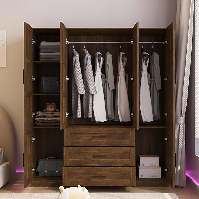 6 Doors Armoire Wardrobe Closet with 3 Big Drawers, 70.8" H Wooden Bedroom Armoires with Shelves and Hanging Rods, Freestanding Clothes Closet Wardrobe Cabinet for Bedroom, Guest Room, Brown
