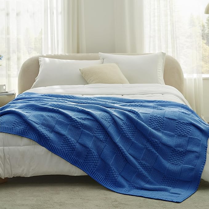 Amélie Home Knit Throw Blanket, Soft Chenille Cozy Breathable Checkered Chunky Decorative Blanket for Couch, Bed & Sofa, French-Inspired Lightweight Warm Gift for Women, Royal Blue, 50"x60"