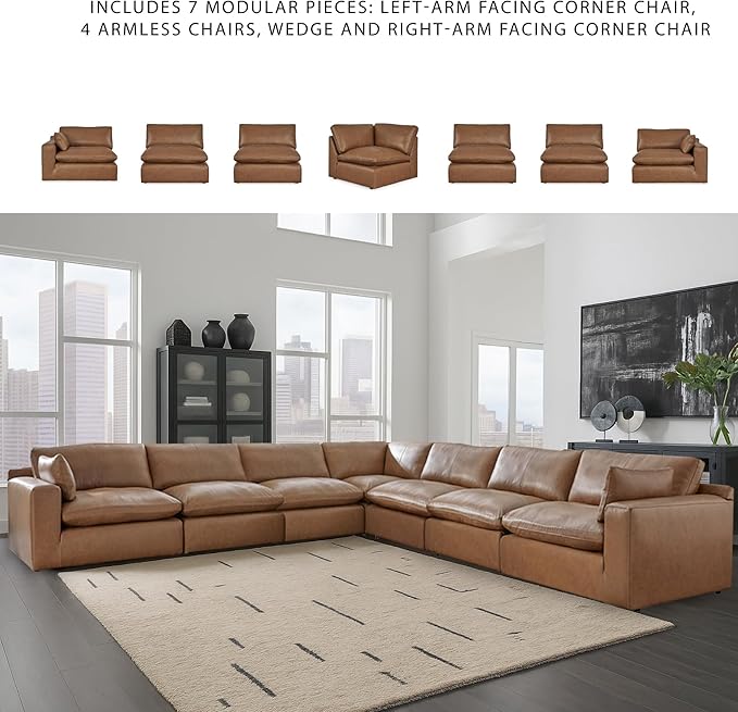 Signature Design by Ashley Emilia Modern L-Shaped Leather Match Modular Anti Sag 7-Piece Sectional with Loose Back Cushions and 2 Bolster Pillows, Orange