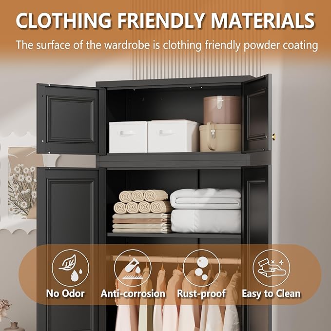 Polup Metal Armoire Closet, 86 Inch Tall Wardrobe Armoire with Hanging Rod, Wardrobe Closet for Clothes with Doors, 18" D x 32" W x 86" H,Black, Assemble Required, Shipped in Two Packages