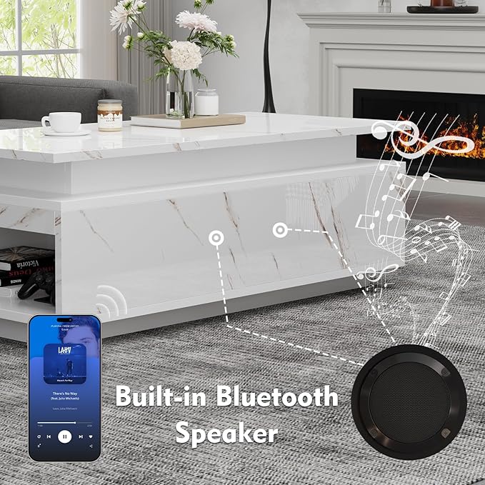 47" Modern LED Coffee Table with Wireless Charging, Bluetooth Speaker, and USB Ports, High Glossy Marble Coffee Table with Large Open 2-Tier Storage and Shelves for Living Room - White