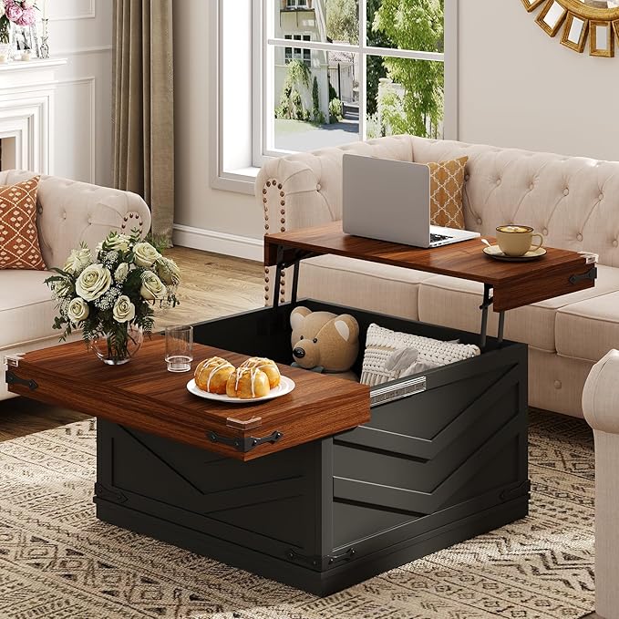 31.5'' Lift Top Coffee Table, Sliding Top Square Center Table with Large Hidden Storage Organizer, Multi-Functional Farmhouse Coffee Tables for Living Room, Bedroom, Home Office, Black