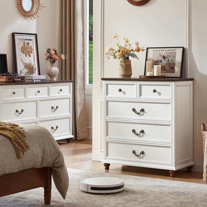Joaxswe Farmhouse 5 Drawer Dresser for Bedroom, 35" Tall Rustic Chests of Drawers w/ 4 Solid Wood Feet, Mid Century Modern Wooden Closet Storage Dressers Organizer for Living Room, Hallway,White - Image 7