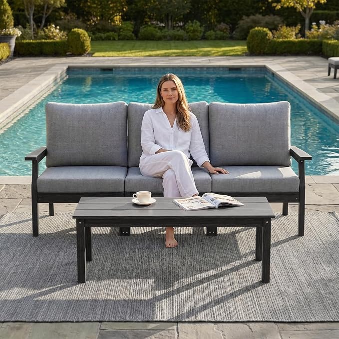 HDPE Patio Conversation Set, 4-Piece All Weather Outdoor Furniture Set with 3-Seater Modular Sofa for Deck, Lawn, with Cushion, Black