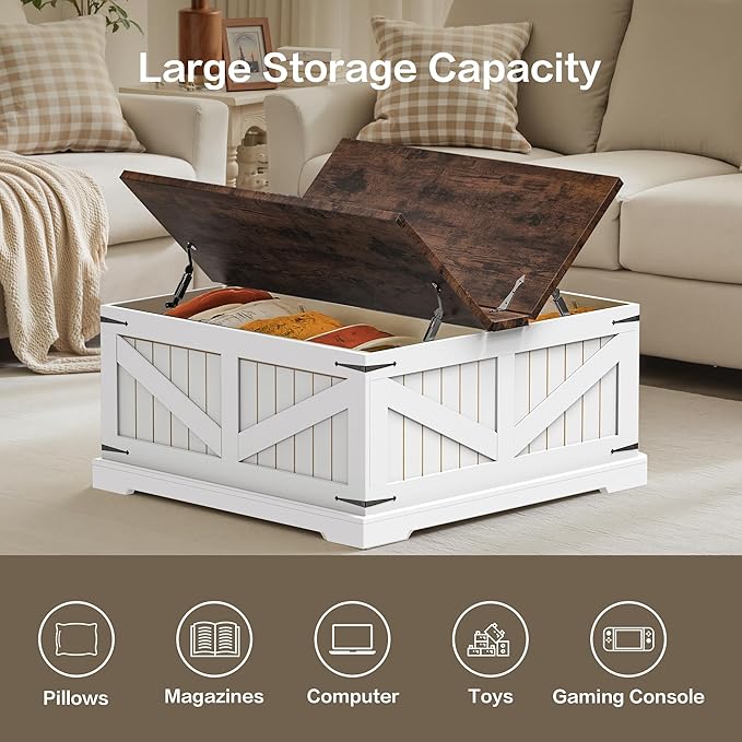 Farmhouse Coffee Table with Storage, 32" Square Wood Center Table with Dual Flip-Top Lids, Hidden Storage Compartment and Arc Base for Living Room