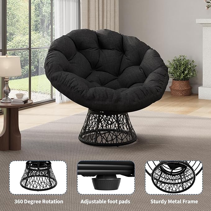 Garvee Papasan Chair, 37" Ergonomic Wicker Papasan Chair with Extra-Thick Soft Fabric Cushion, Heavy-Duty Steel Frame, 360° Swivel Base for Living Room, Bedroom & Reading Nook – All Black