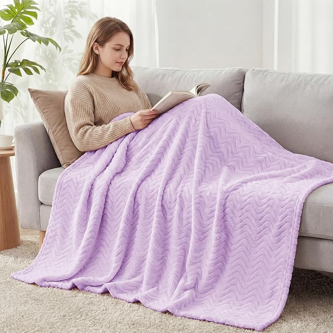 Exclusivo Mezcla Fleece Throw Blanket for Couch, Cozy Lightweight Blankets for All Season, Decorative Giftable Fuzzy Plush Wave Textured Throws for Women, Men, Lilac Purple, 50x70 Inches