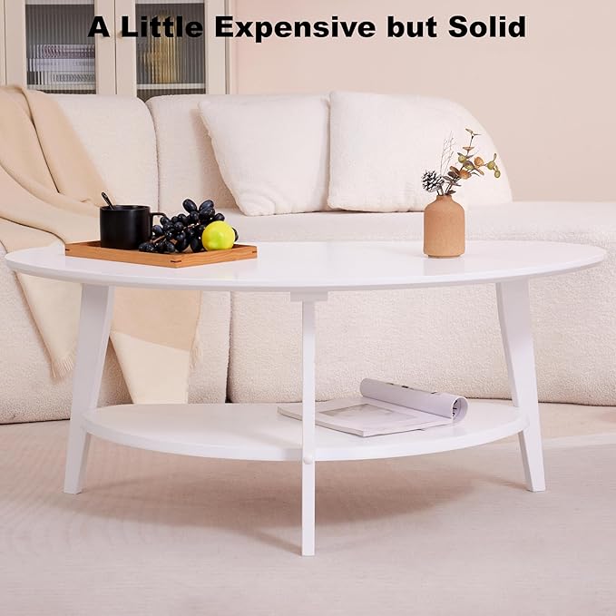 Mid Century Modern Coffee Table, Oval Coffee Tables with Storage for Living Room, 2 Tier Solid Wood Center Table, White Coffe Tables, Easy Assembly, 40.2" D x 22" W x 17.7" H