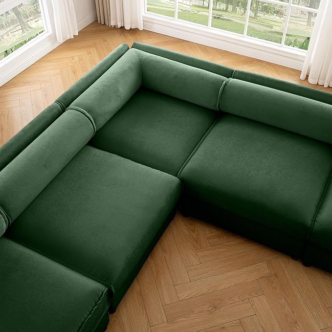 KEIKI 143" Large Modular Chenille Sectional Sofa with Storage Seat, 1 Ottoman, 6-Seater Couch with Cylindrical Backrest and 2 Armrests, Easy Assembly, for Apartment, Living Room, Green