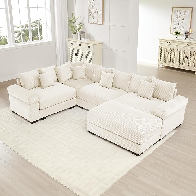 KEIKI 117" U-Shaped Oversized Corduroy Modular Cloud Sectional Sofa with 1 Ottoman, High-Density Foam Cushion, Extra-Thick Armrest, 4-Seater Fluffy Corner Couch with 14 Pillow, for Living Room, Beige