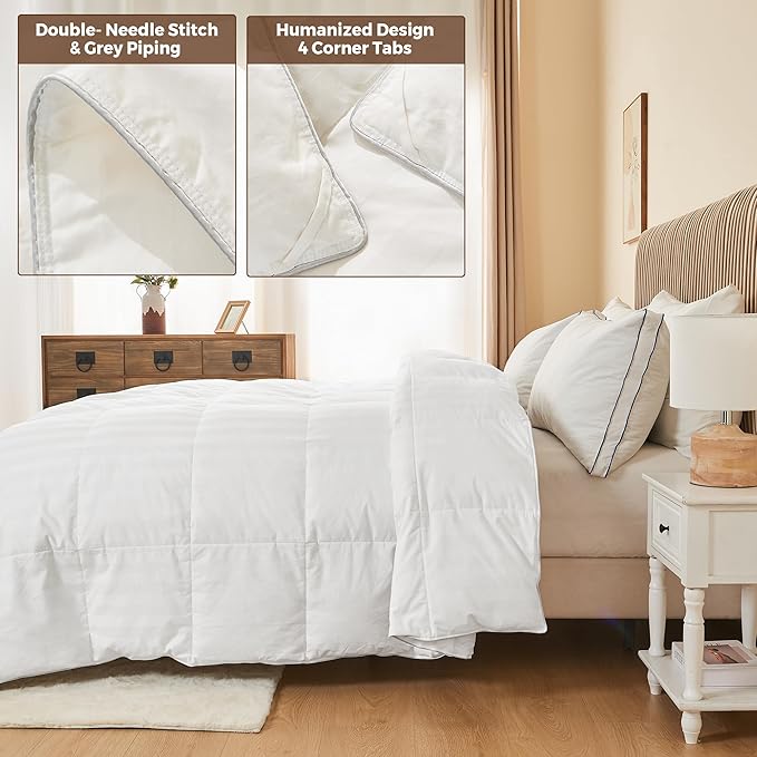 puredown® Goose Feather Down Comforter Twin Size - All Season Duvet Insert, Ultra Fluffy Soft Cotton Shell Cover Luxurious Hotel Collection Comforters 500 Thread with Ties, (Stripe White, 68x90'')