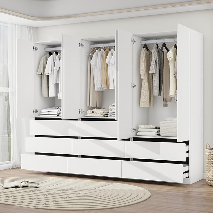 White Armoire Wardrobe Closet with 2 Doors, 75" Bedroom Wardrobe Closet for Hanging Clothes, Modern Wood Storage Closets Cabinet with System (B+A+B, 94.5")