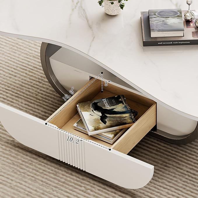 Glintee 41.7 Inch Marble Coffee Table with Storage Drawer, Modern Butterfly Design, Sintered Stone Top and Gray Stainless Steel Base for Living Room, Scratch Resistant and Easy Assembly