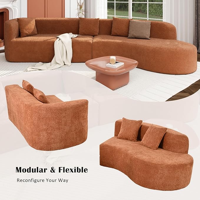 Merax Modern Minimalist Large 2-Piece Sectional Curved Chenille Sofa with 3 Pillows and High-Density Foam for Luxurious Comfort and Seamless, for Living Room, Bedroom, Orange
