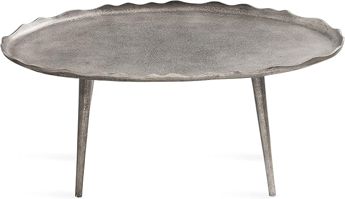 Kate and Laurel Alessia Modern Glam Oval Coffee Table, 34 x 20 x 15, Silver, Metal Living Room Table for Storage and Display with Antique Deckled Edge Detailing