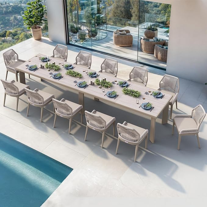PURPLE LEAF 13 Pieces Patio Dining Set Aluminum Rectangular Table and Wicker Chairs with Cushions for Kitchen Porch Garden Modern Outdoor Furniture Sets, Champagne by PURPLELEAF