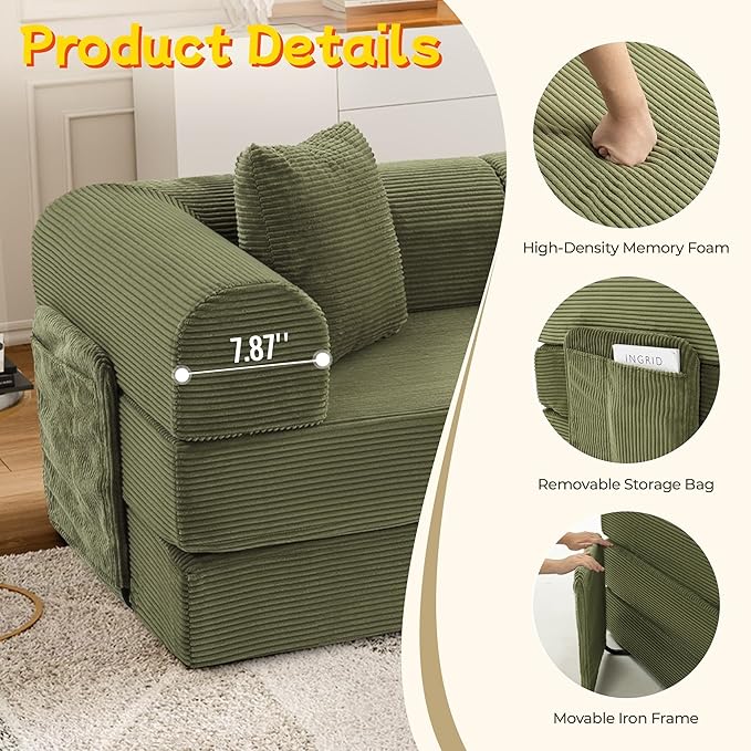 106.3" L Shape Convertible Sleeper Sofa Bed, Oversized Modular Sectional Cloud Sofa with Fixed-Shape Frame & Storage Pocket, Boneless Couch for Living Room, No Assembly Required, Green