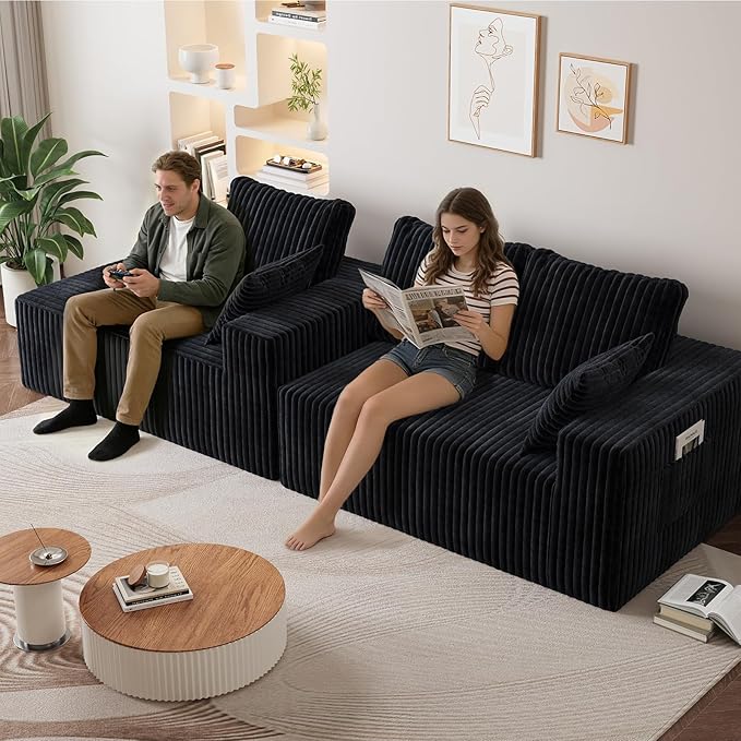 96" Cloud Sectional Couches for Living Room, Modular Sectional Sofa with Chaise, Upholstered Boneless Couches, Comfy Flannel Fluffy Couch with Pillows and Side Pockets No Assembly(Black)